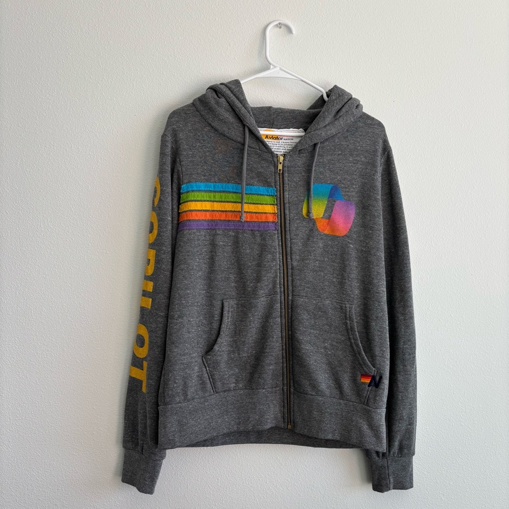 Aviator Nation x Copilot - Gray Heather Five Stripe Zip-Up Hoodie Knit Jacket, S